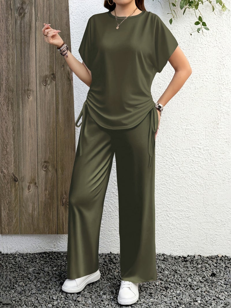 Solid Color Casual Drawstring Pleated Two-Piece Set, Casual Pullover T-Shirt + Loose Pants Outfit, Spring/Summer Collection - Image 4