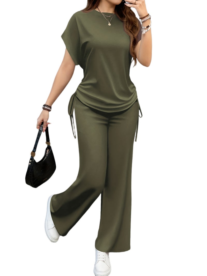 Solid Color Casual Drawstring Pleated Two-Piece Set, Casual Pullover T-Shirt + Loose Pants Outfit, Spring/Summer Collection - Image 1