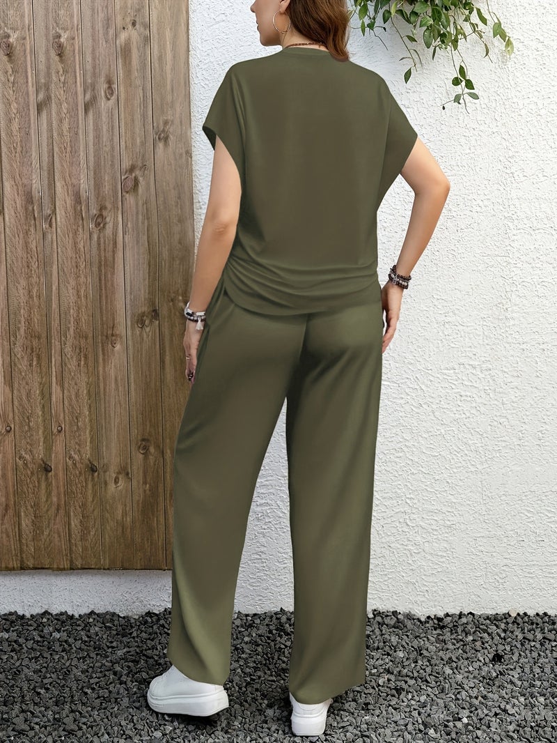 Solid Color Casual Drawstring Pleated Two-Piece Set, Casual Pullover T-Shirt + Loose Pants Outfit, Spring/Summer Collection - Image 5