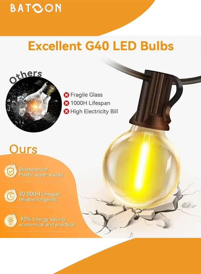 باتون أضواء خارجية تعمل بالطاقة الشمسية، لمبات G40، أضواء خرافية، 10 أمتار، 15 لمبة LED، أضواء خرافية للحديقة مع جهاز تحكم عن بعد، مسافة الإضاءة 40 سم - أضواء خيطية مقاومة للماء IP65 بيضاء دافئة، أضواء زينة للعطلات في الحديقة - Image 3