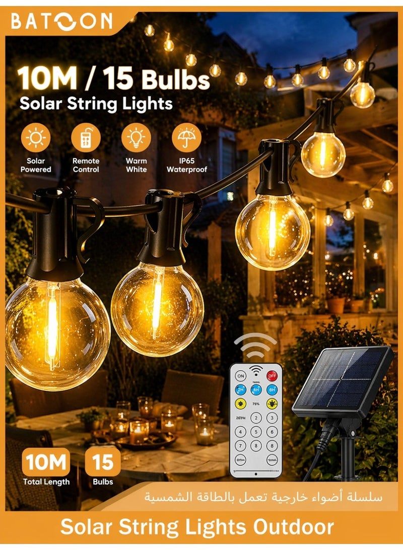 Batoon Outdoor Solar Lights, G40 Bulbs, Fairy Lights, 10m, 15 LED Bulbs, Garden Fairy Lights with Remote Control, Light Spacing 40cm - Warm White IP65 Waterproof String Lights, Garden Holiday Decoration Lights - Image 1
