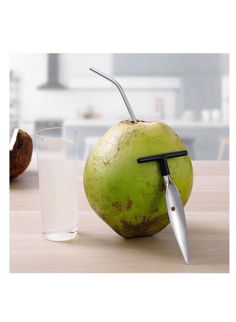 Excefore Coconut Opener Tools, Set of Stainless Steel Puncher with Straws, Brush, Meat Remover Wood Handle, For Green & Young Reusable Straws Food Grade for Thai Fresh Water, Safe and Convenient Drill Punch - Image 3