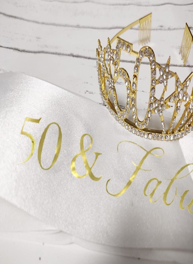Mayin Happy 50th Birthday Tiara and Sash Gifts Crystal Rhinestone Princess Crown Birthday Queen Party Favor Supplies Gold Crowns White Sash - Image 4
