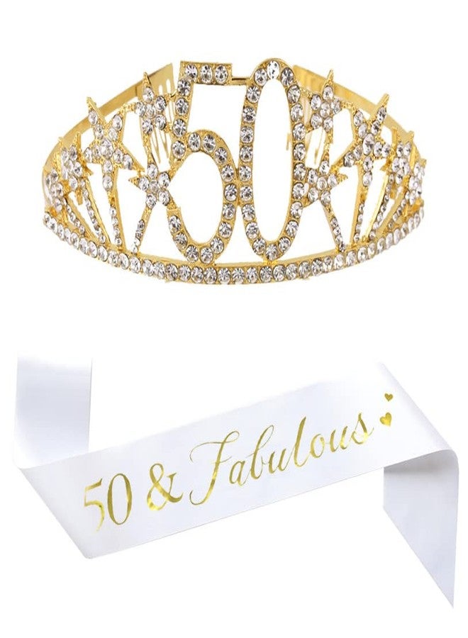 Mayin Happy 50th Birthday Tiara and Sash Gifts Crystal Rhinestone Princess Crown Birthday Queen Party Favor Supplies Gold Crowns White Sash - Image 1