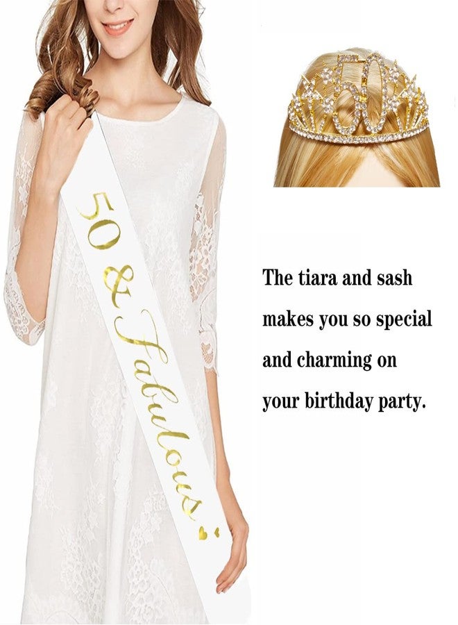 Mayin Happy 50th Birthday Tiara and Sash Gifts Crystal Rhinestone Princess Crown Birthday Queen Party Favor Supplies Gold Crowns White Sash - Image 3