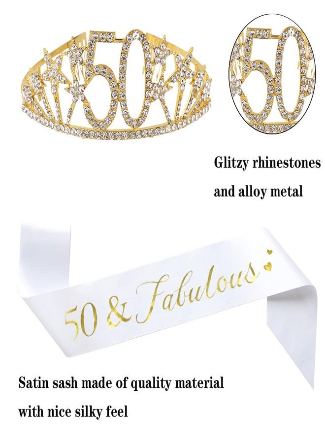 Mayin Happy 50th Birthday Tiara and Sash Gifts Crystal Rhinestone Princess Crown Birthday Queen Party Favor Supplies Gold Crowns White Sash - Image 2