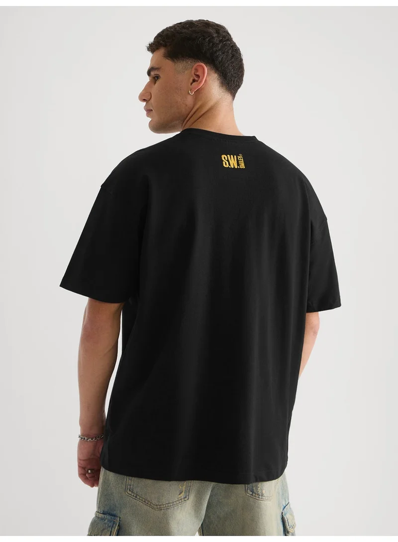 The Souled Store  The Souled Store Men S.W.SMILEY Embroidered Black Oversized T-Shirt for Men | Best Price UAE