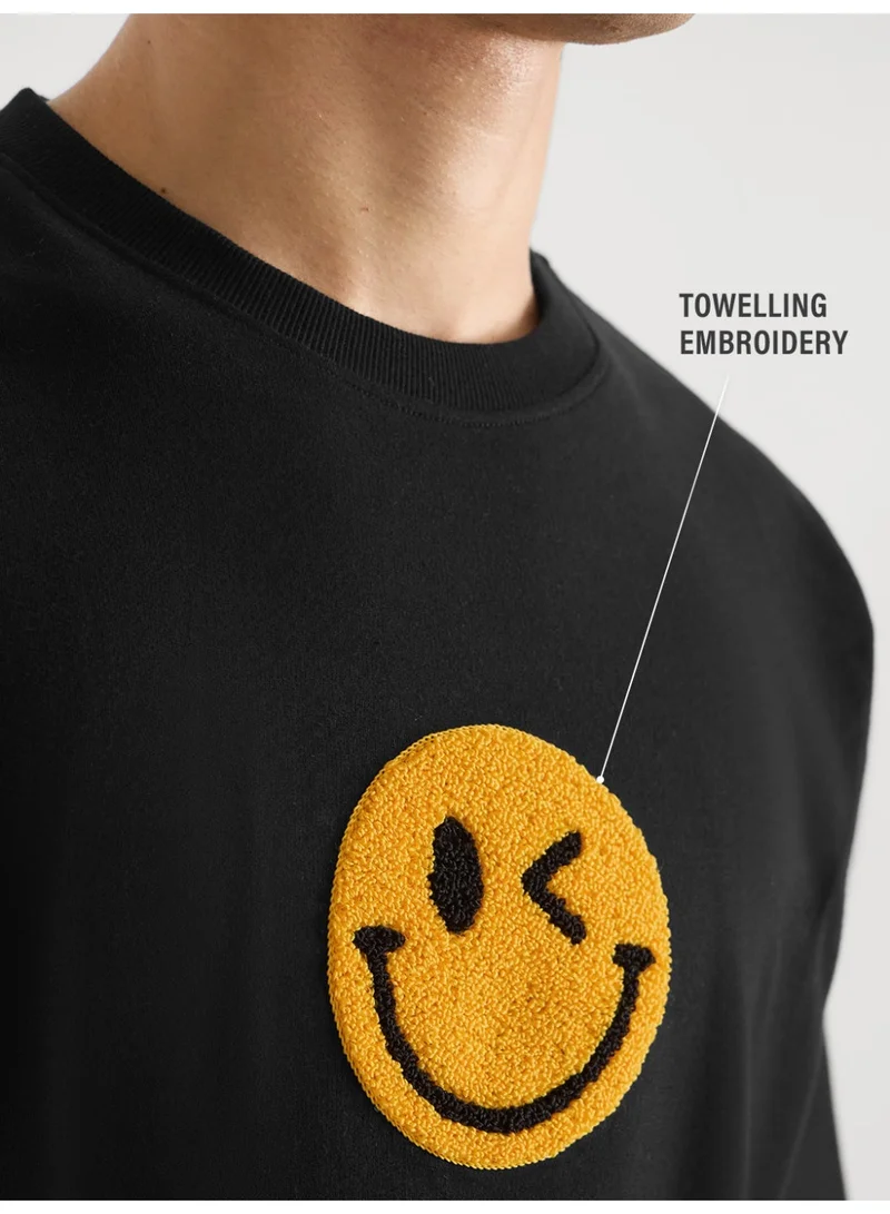 The Souled Store The Souled Store Men S.W.SMILEY Embroidered Black Oversized T-Shirt