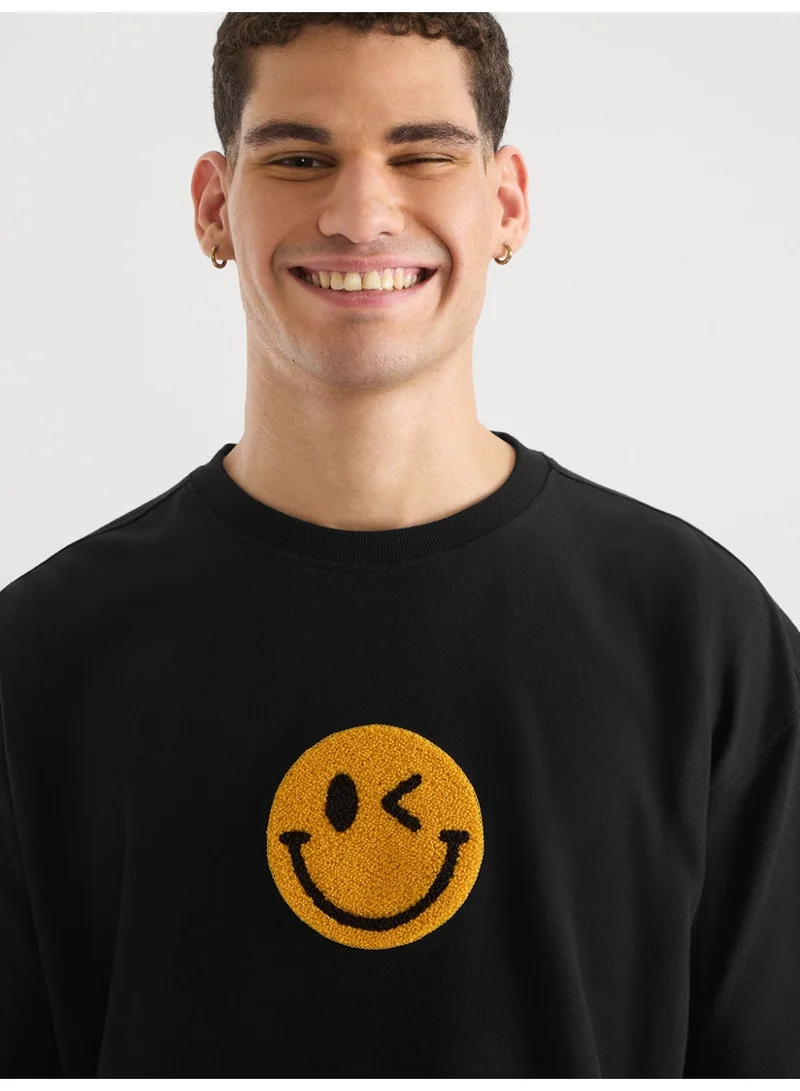 The Souled Store  The Souled Store Men S.W.SMILEY Embroidered Black Oversized T-Shirt for Men | Best Price UAE