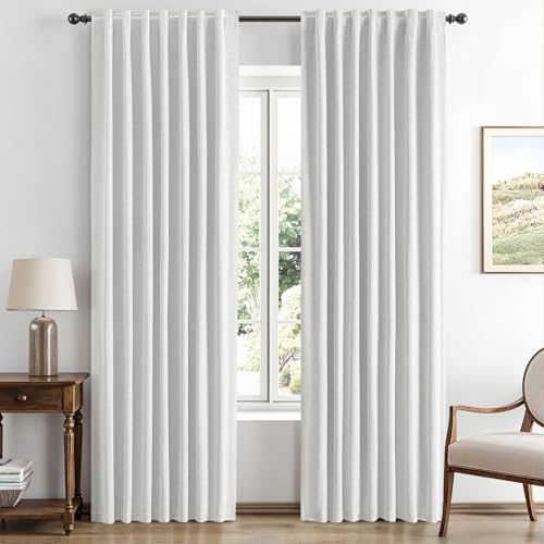 MIULEE 100% Blackout Linen Curtains for Bedroom, Heathered White Solid Luxury Decor Thermal Insulation Room Darkening Drapes for Living Room Nursery Back Tab Rod Pocket 42 x 84 Inches, 2 Panels