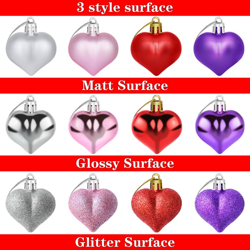 Yuronam 12 PCS Heart Ornaments 3 Different Finishes Heart Shaped Hanging Ornaments for Valentineâ€™s Day Wedding Christmas Tree Mother's Day Anniversary Party Decoration (Purple) - Image 3