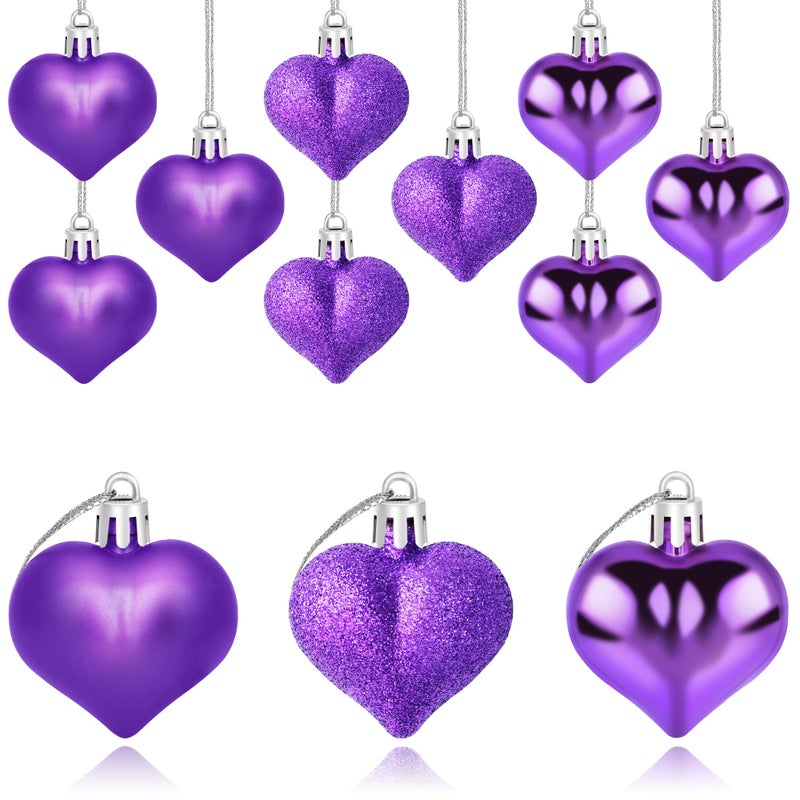 Yuronam 12 PCS Heart Ornaments 3 Different Finishes Heart Shaped Hanging Ornaments for Valentineâ€™s Day Wedding Christmas Tree Mother's Day Anniversary Party Decoration (Purple) - Image 1