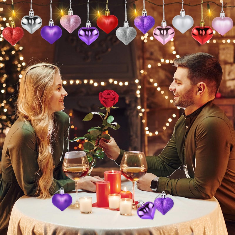 Yuronam 12 PCS Heart Ornaments 3 Different Finishes Heart Shaped Hanging Ornaments for Valentineâ€™s Day Wedding Christmas Tree Mother's Day Anniversary Party Decoration (Purple) - Image 4