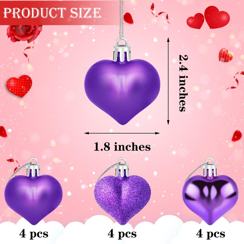 Yuronam 12 PCS Heart Ornaments 3 Different Finishes Heart Shaped Hanging Ornaments for Valentineâ€™s Day Wedding Christmas Tree Mother's Day Anniversary Party Decoration (Purple) - Image 2