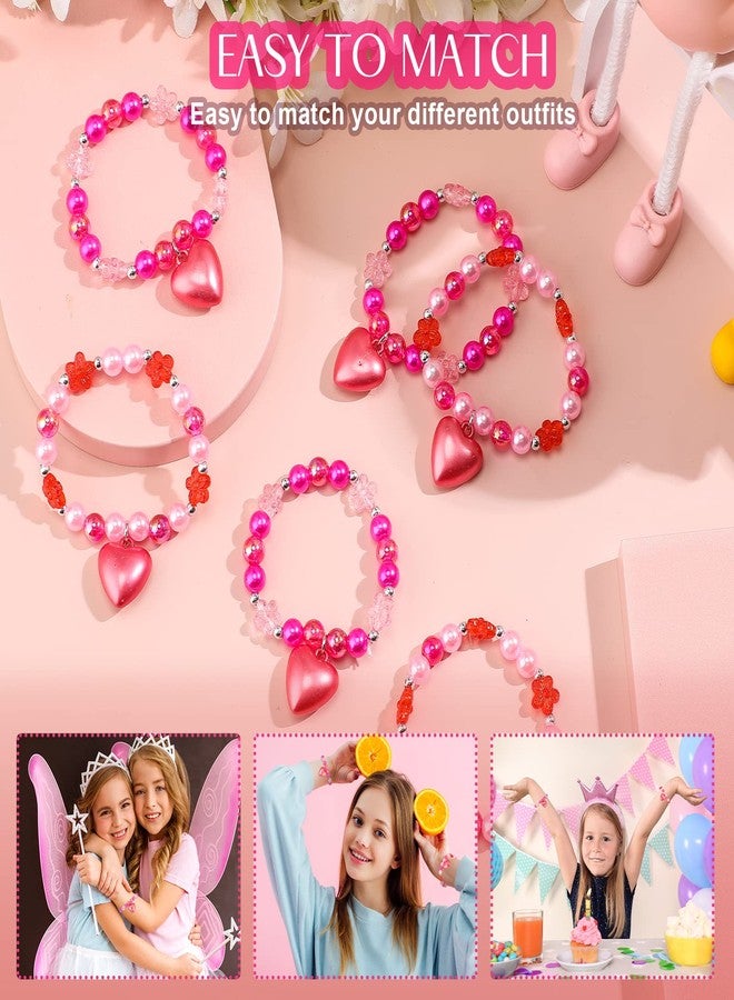 Mtlee 6 Pcs Valentine Day Girls Beaded Bracelets Cute Chunky Bubblegum Bracelets Heart Pendant Crystal Beaded Bracelet for Birthday Photo Props Costume Party Favors, Pink and Red - Image 4
