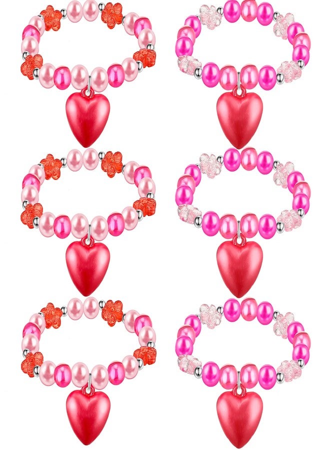 Mtlee 6 Pcs Valentine Day Girls Beaded Bracelets Cute Chunky Bubblegum Bracelets Heart Pendant Crystal Beaded Bracelet for Birthday Photo Props Costume Party Favors, Pink and Red - Image 1