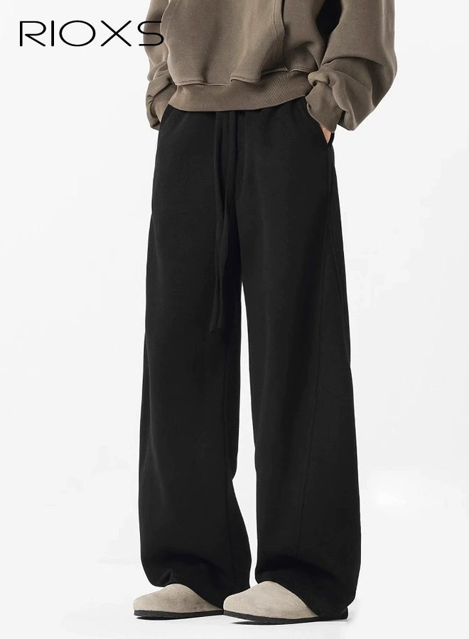 RIOXS Men's Baggy Sweatpants, Wide Leg Elastic Drawstring Waist Athletic Sweatpants with Pockets, Loose Fit Lounge Track Pants, Spring Fall Soft Breathable Sports Pants, Trendy Workout Open Bottom Joggers, for Hiking, Runnig, Yoga, Biking, Daily Wear, Black - Image 1