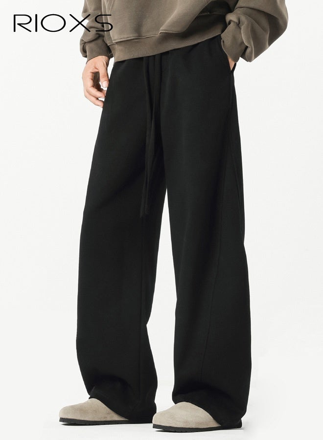 RIOXS Men's Baggy Sweatpants, Wide Leg Elastic Drawstring Waist Athletic Sweatpants with Pockets, Loose Fit Lounge Track Pants, Spring Fall Soft Breathable Sports Pants, Trendy Workout Open Bottom Joggers, for Hiking, Runnig, Yoga, Biking, Daily Wear, Black - Image 4