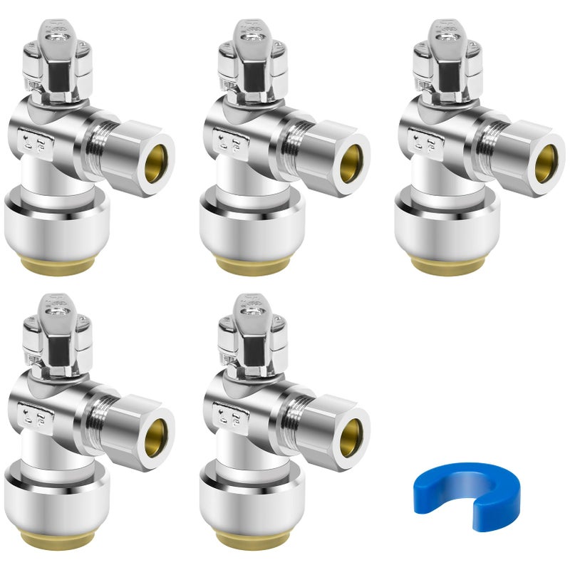 Dingbaayee 5PCS Angle Stop Valve, 1/2 x 3/8 Inch Compression Angle Water Shut Off Valve, Toilet Faucet Valve, Pushfit 1/4 Turn, No Lead Brass Push to Connect Plumbing Fitting for Copper, CPVC, PE-RT, PEX Pipe - Image 1