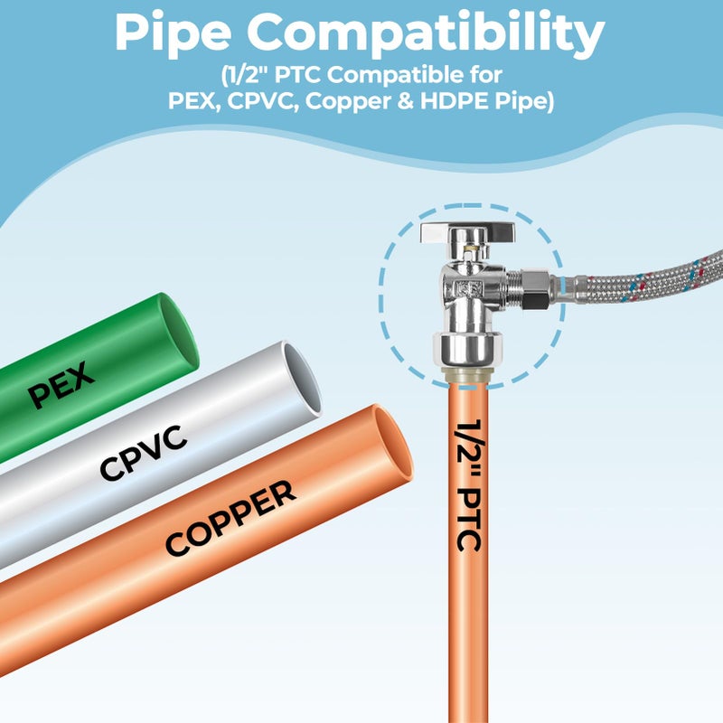 Dingbaayee 5PCS Angle Stop Valve, 1/2 x 3/8 Inch Compression Angle Water Shut Off Valve, Toilet Faucet Valve, Pushfit 1/4 Turn, No Lead Brass Push to Connect Plumbing Fitting for Copper, CPVC, PE-RT, PEX Pipe - Image 3