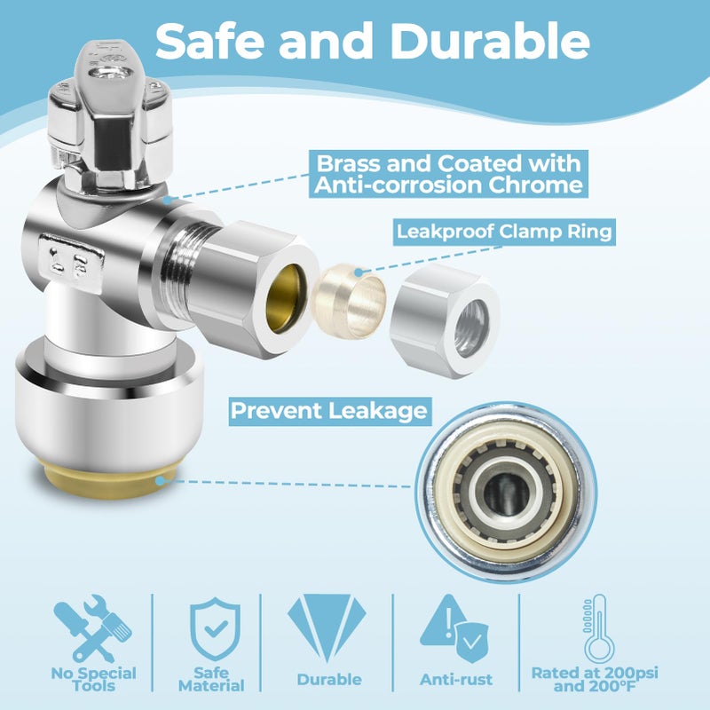 Dingbaayee 5PCS Angle Stop Valve, 1/2 x 3/8 Inch Compression Angle Water Shut Off Valve, Toilet Faucet Valve, Pushfit 1/4 Turn, No Lead Brass Push to Connect Plumbing Fitting for Copper, CPVC, PE-RT, PEX Pipe - Image 4