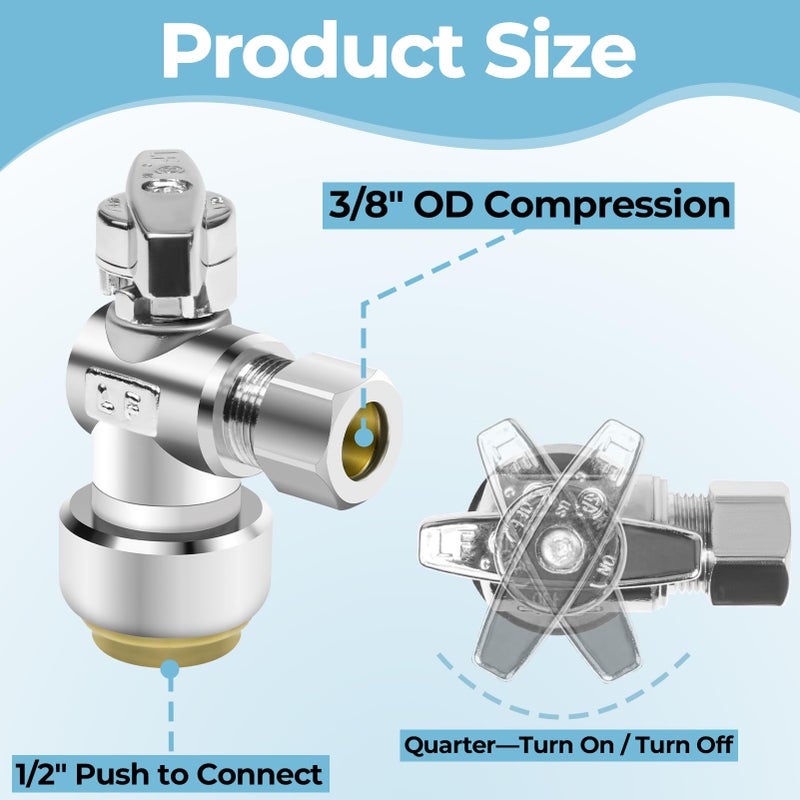 Dingbaayee 5PCS Angle Stop Valve, 1/2 x 3/8 Inch Compression Angle Water Shut Off Valve, Toilet Faucet Valve, Pushfit 1/4 Turn, No Lead Brass Push to Connect Plumbing Fitting for Copper, CPVC, PE-RT, PEX Pipe - Image 2