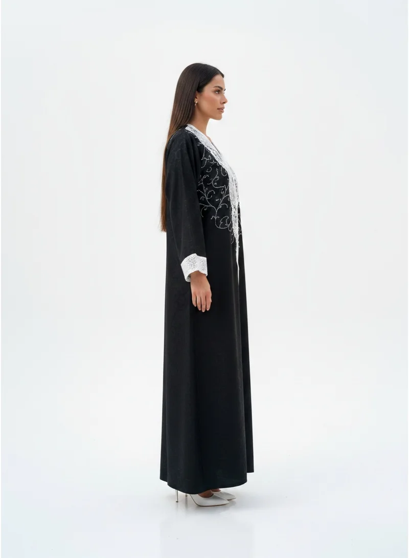 مويستريت Exclusive Hand-Embellished Fukhroo Abaya with Intricate Lace Appliqué and White Beadwork With Headscarf