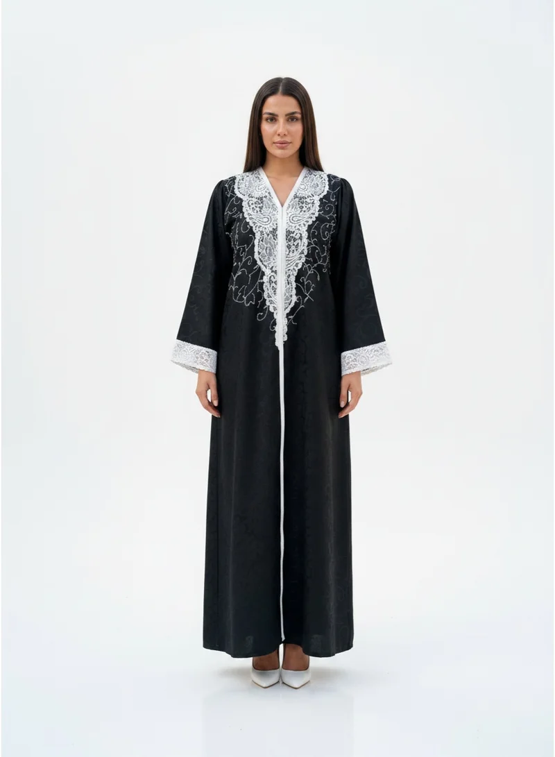 مويستريت Exclusive Hand-Embellished Fukhroo Abaya with Intricate Lace Appliqué and White Beadwork With Headscarf