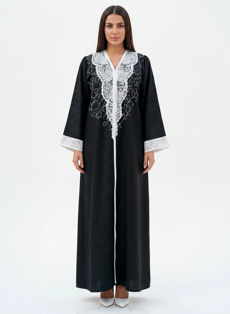 مويستريت Exclusive Hand-Embellished Fukhroo Abaya with Intricate Lace Appliqué and White Beadwork With Headscarf