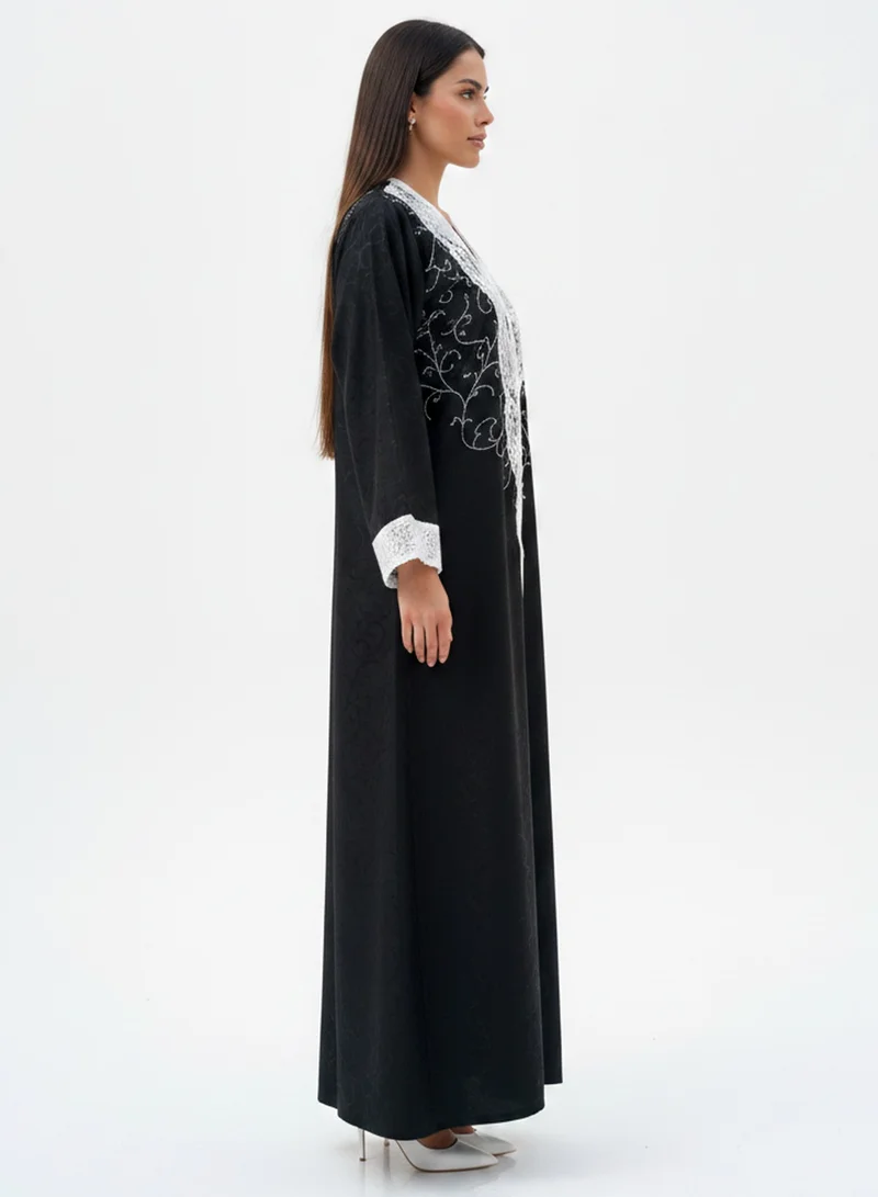 مويستريت Exclusive Hand-Embellished Fukhroo Abaya with Intricate Lace Appliqué and White Beadwork With Headscarf