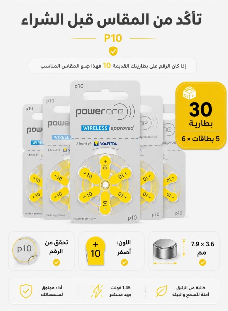 باور ون بطاريات Power One P10 للمعينات السمعية، خالية من الزئبق، 30 بطارية (5 شرائط × 6 بطاريات)، بجهد 1.45 فولت وطاقة مستقرة تدوم طويلًا - Image 3