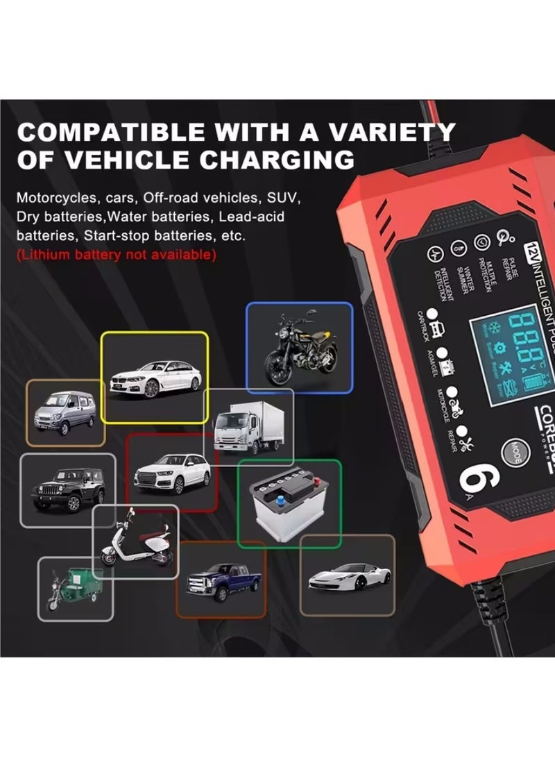 كور الاتحاد الأوروبي التوصيل 12 فولت 6A شاحن البطارية الذكية هزيلة شاحن بطارية 12 فولت صيانة البطارية مع شاشة LCD لسيارة شاحنة دراجة نارية جزازة العشب شاحن حمض الرصاص البحري، أحمر - Image 4