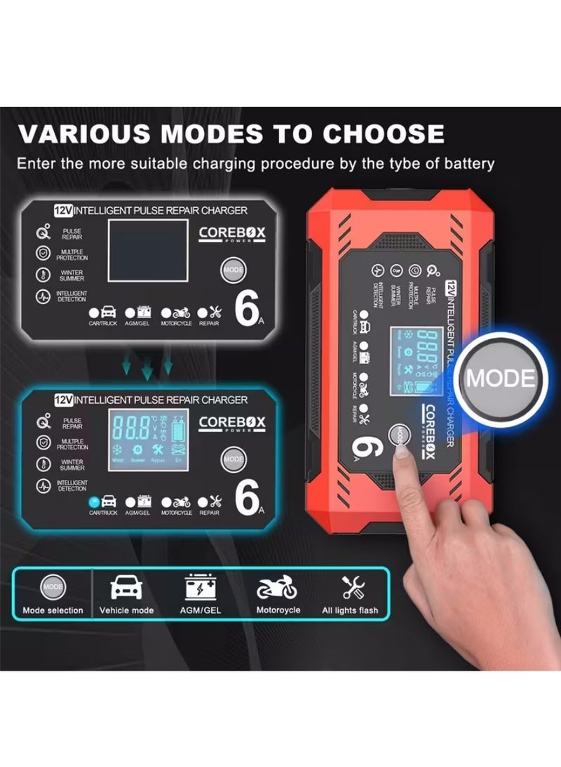 كور الاتحاد الأوروبي التوصيل 12 فولت 6A شاحن البطارية الذكية هزيلة شاحن بطارية 12 فولت صيانة البطارية مع شاشة LCD لسيارة شاحنة دراجة نارية جزازة العشب شاحن حمض الرصاص البحري، أحمر - Image 3