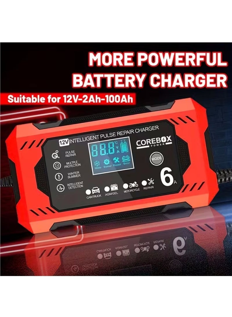 كور الاتحاد الأوروبي التوصيل 12 فولت 6A شاحن البطارية الذكية هزيلة شاحن بطارية 12 فولت صيانة البطارية مع شاشة LCD لسيارة شاحنة دراجة نارية جزازة العشب شاحن حمض الرصاص البحري، أحمر - Image 5