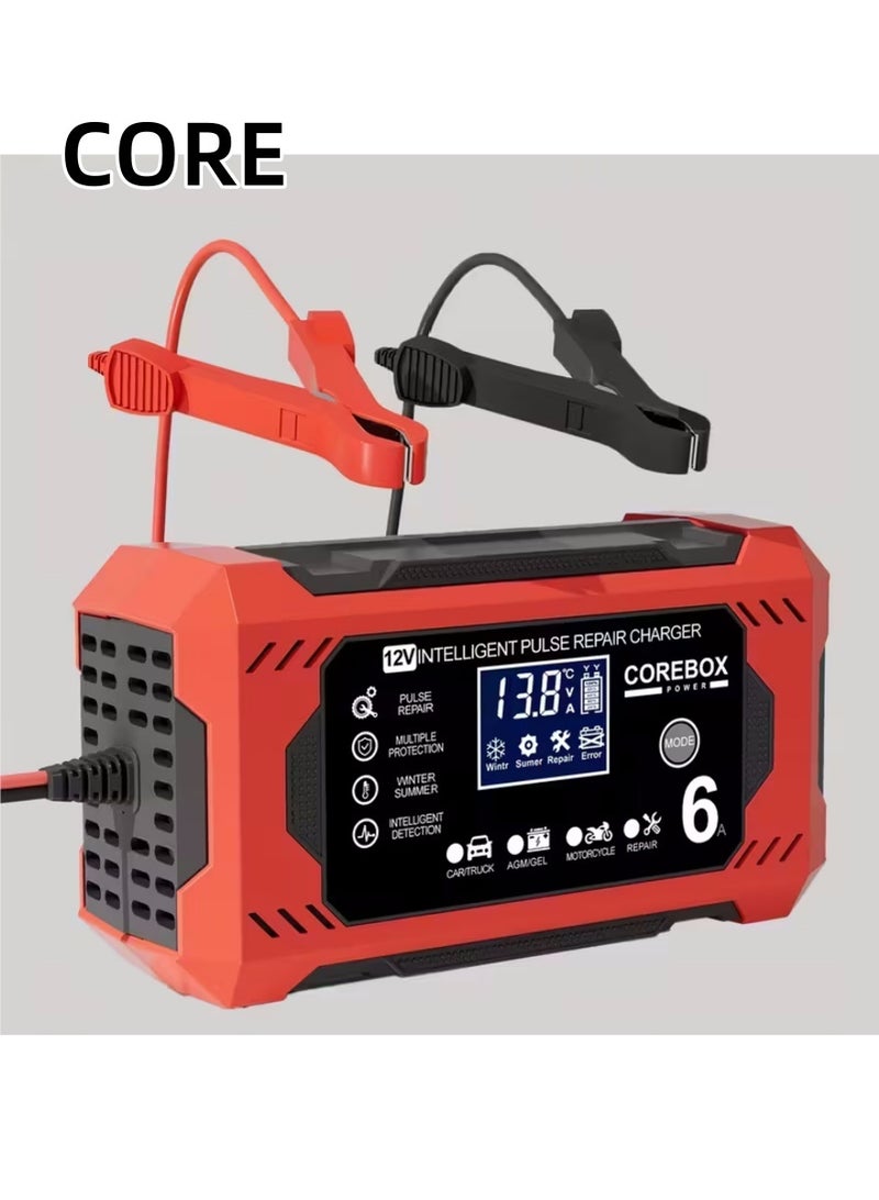 كور الاتحاد الأوروبي التوصيل 12 فولت 6A شاحن البطارية الذكية هزيلة شاحن بطارية 12 فولت صيانة البطارية مع شاشة LCD لسيارة شاحنة دراجة نارية جزازة العشب شاحن حمض الرصاص البحري، أحمر - Image 1