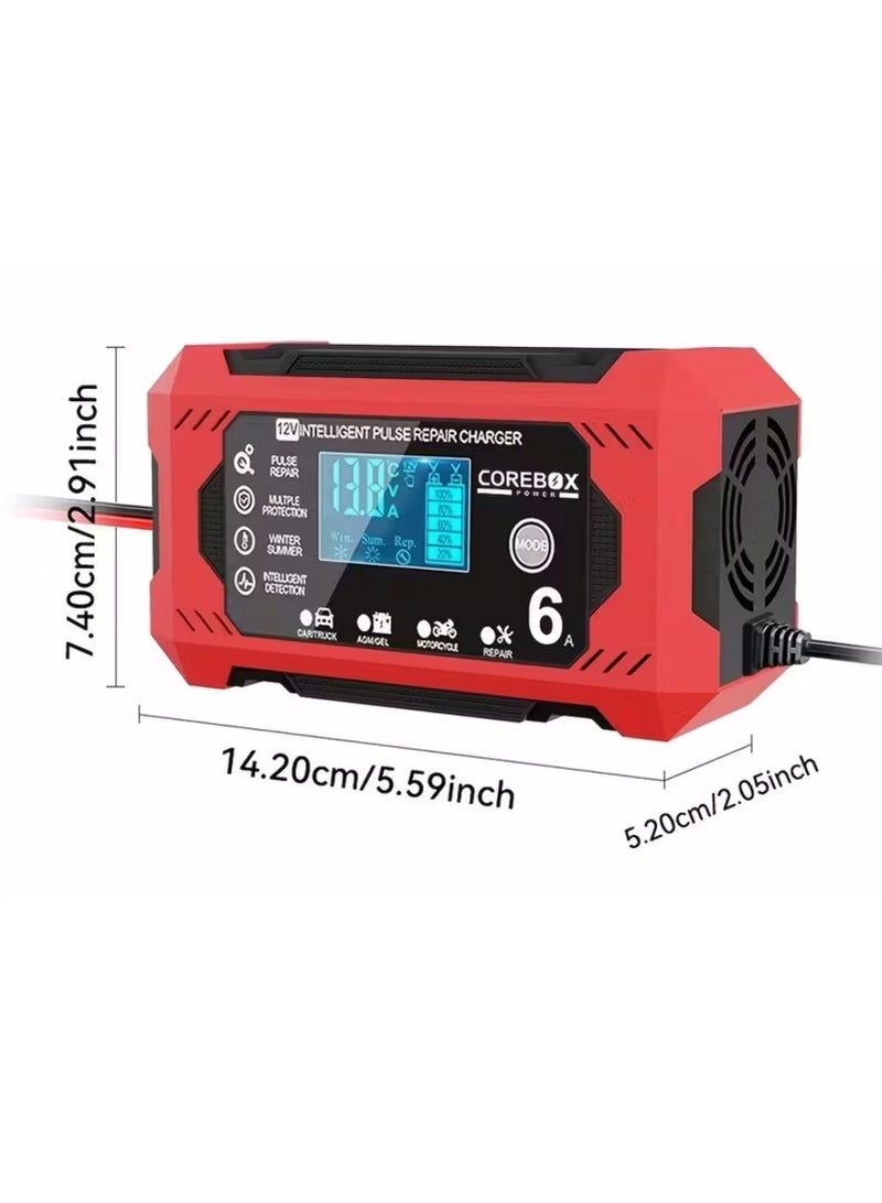 كور الاتحاد الأوروبي التوصيل 12 فولت 6A شاحن البطارية الذكية هزيلة شاحن بطارية 12 فولت صيانة البطارية مع شاشة LCD لسيارة شاحنة دراجة نارية جزازة العشب شاحن حمض الرصاص البحري، أحمر - Image 2