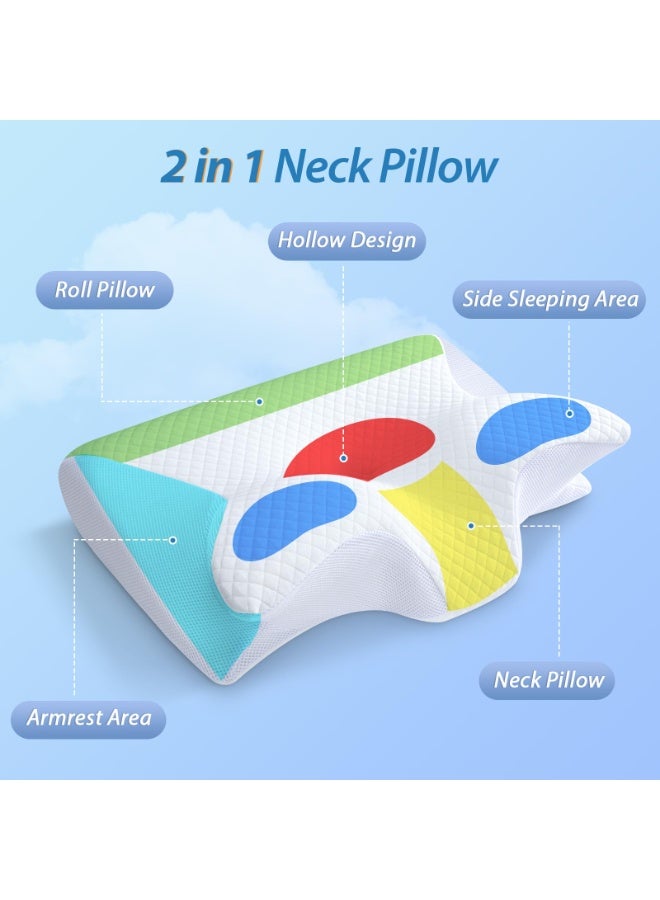 Memory Foam Neck Support Pillow, 2-in-1 Contoured Pillow for Side, Back, and Stomach Sleepers with Breathable Cover, White - Image 2
