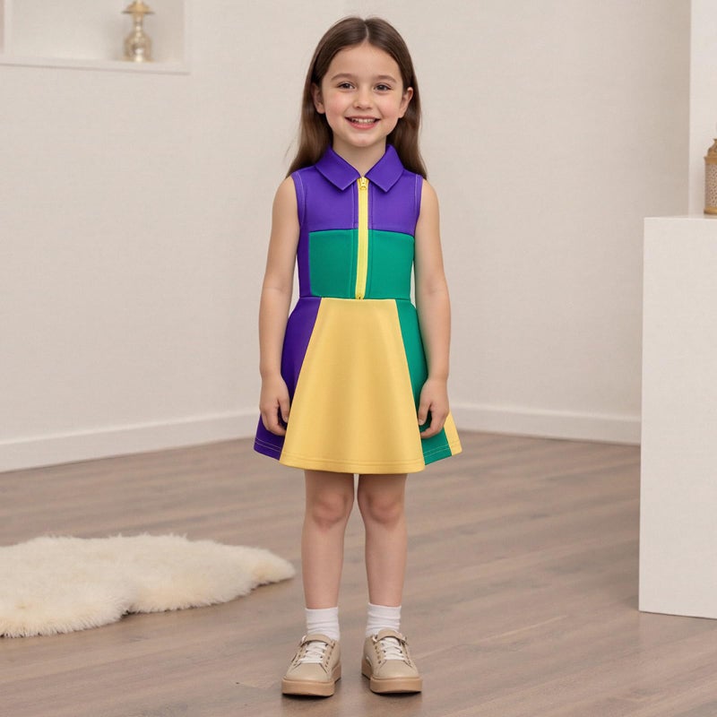 Rourufy Little Girls Mardi Gras Outfit Toddler Sleeveless A Line Sun Dress Kids Zipper Party Dresses Spring Summer Clothes (G Mardi Gras Purple, 4-5 Years) - Image 2