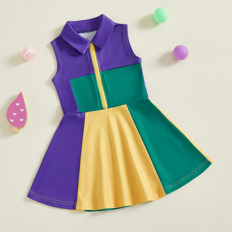 Rourufy Little Girls Mardi Gras Outfit Toddler Sleeveless A Line Sun Dress Kids Zipper Party Dresses Spring Summer Clothes (G Mardi Gras Purple, 4-5 Years) - Image 5