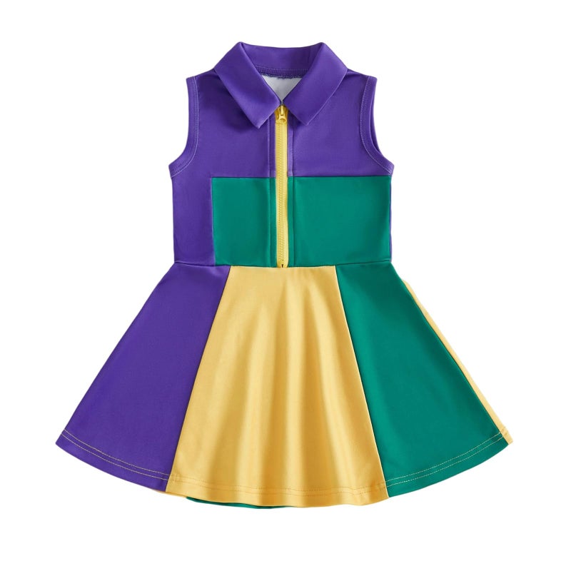 Rourufy Little Girls Mardi Gras Outfit Toddler Sleeveless A Line Sun Dress Kids Zipper Party Dresses Spring Summer Clothes (G Mardi Gras Purple, 4-5 Years) - Image 1