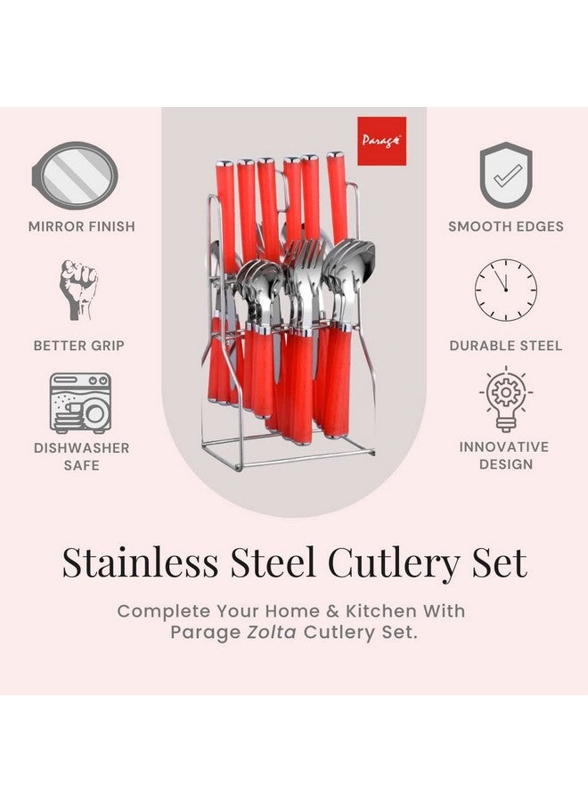 Parage Zolta Stainless Steel Cutlery Set- Set of 25 (Contains: 6 Table Spoons, 6 Forks, 6 Tea Spoons, 6 Knives, 1 Stand), Spoon Set, Cutlery Set for Dining Table Stylish (RED) - Image 3