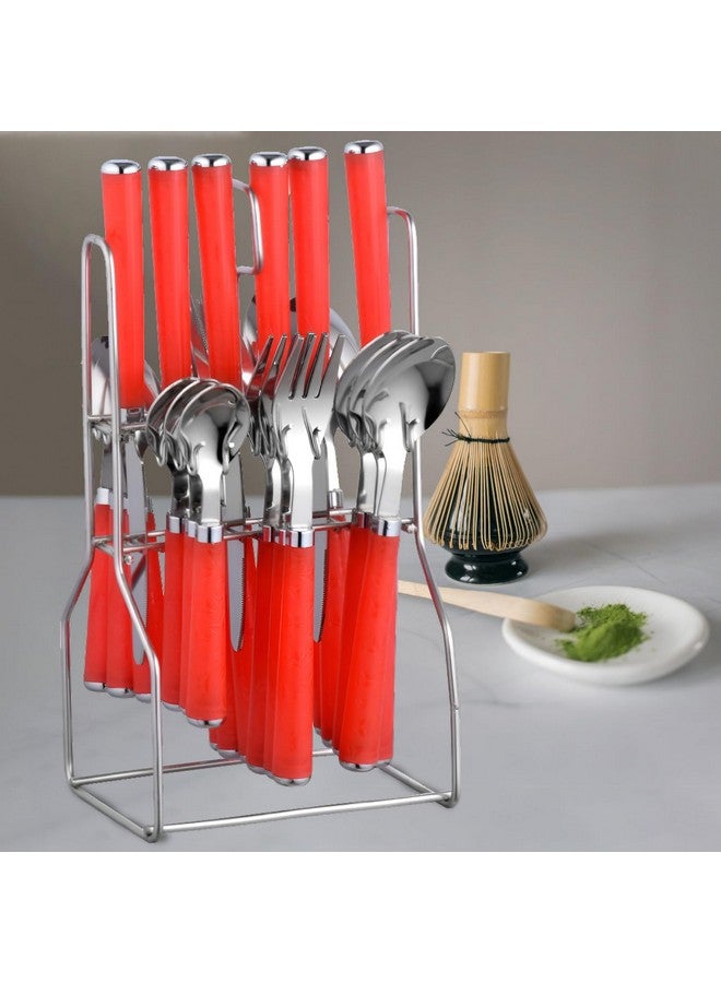 Parage Zolta Stainless Steel Cutlery Set- Set of 25 (Contains: 6 Table Spoons, 6 Forks, 6 Tea Spoons, 6 Knives, 1 Stand), Spoon Set, Cutlery Set for Dining Table Stylish (RED) - Image 5