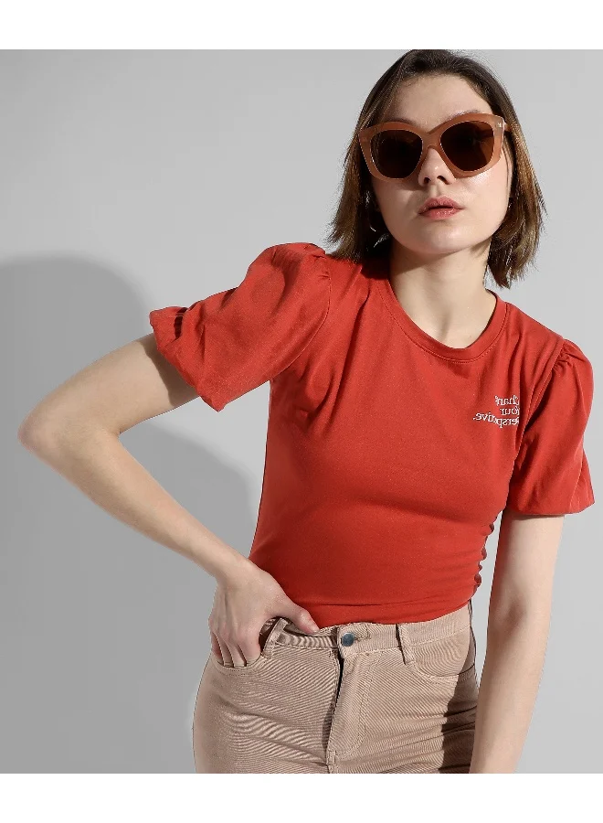 Campus Sutra Women's Red Printed Regular Fit Top
