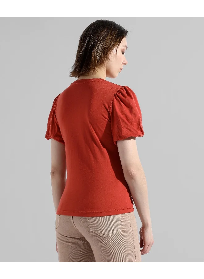 Campus Sutra Women's Red Printed Regular Fit Top