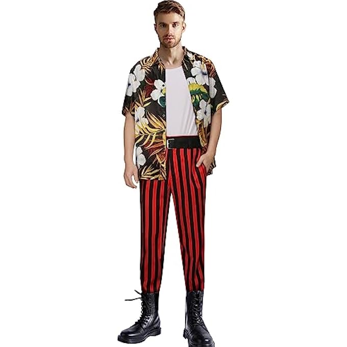 MEN'S PETS DETECTIVE MOVIE JIM CARREY COSTUME COSTUME HAWAIIAN SHIRT TROUSERS STRIPED RED AND BLACK WAISTCOAT BELT CARNIVAL HALLOWEEN COSPLAY (XXL, MULTICOLOR) - Image 1