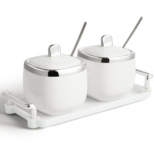 EABOSON Ceramic Sugar Bowl 2 Pack, Porcelain Seasoning Jar with Tray, Spoon and Lid for Sugar, Pepper, Coffee, Spice, Salt (silver) - Image 1