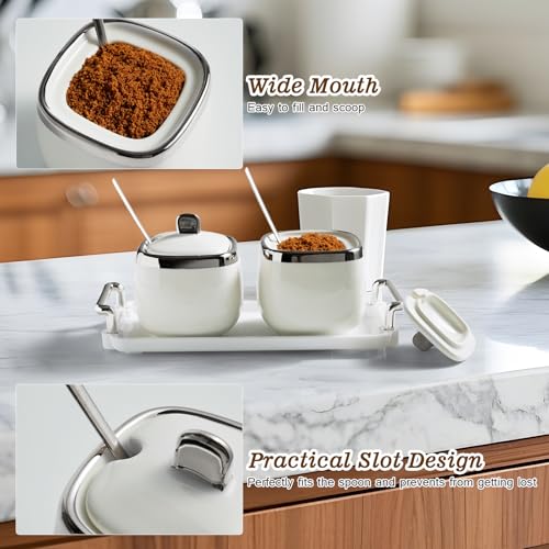 EABOSON Ceramic Sugar Bowl 2 Pack, Porcelain Seasoning Jar with Tray, Spoon and Lid for Sugar, Pepper, Coffee, Spice, Salt (silver) - Image 4
