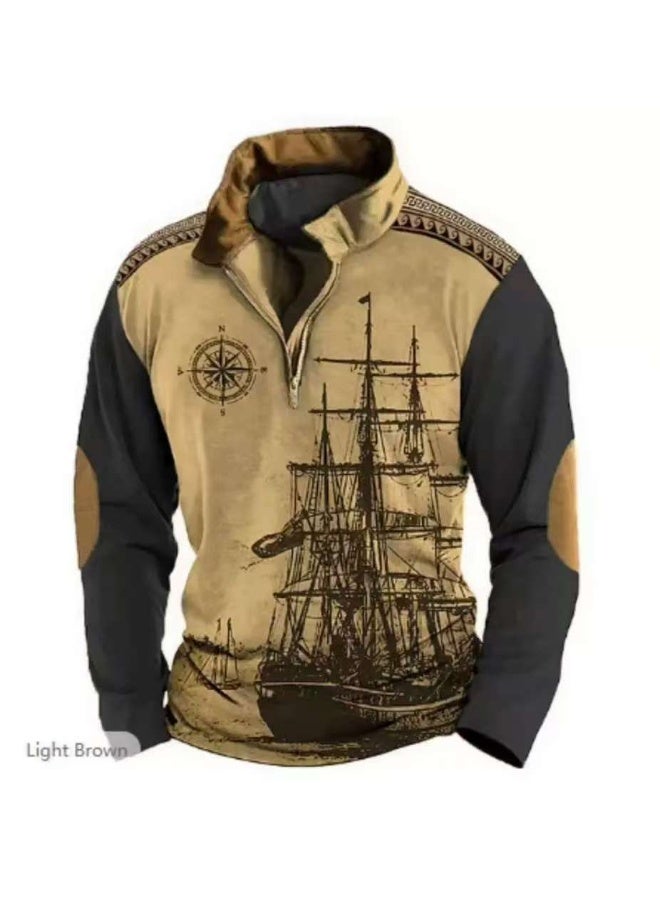 نيبمينينت نبيمينت سترة رجال فضفاضة بتصميم رقمي ثلاثي الأبعاد مع طباعةRetro Nautical بأكمام طويلة بنصف سحاب وقبة قائمة للدينيم街wear - Image 1