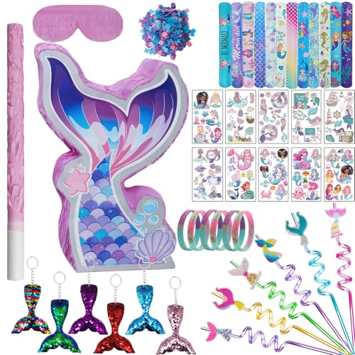 FIGEPO Mermaid Pinata Set Birthday Party Favors for Girl Kids Birthday Themed Party Supplies with Tail Pinata Stickers Slap Bracelet Keychain Silicone Bands and Straws 44 Pack - Image 1