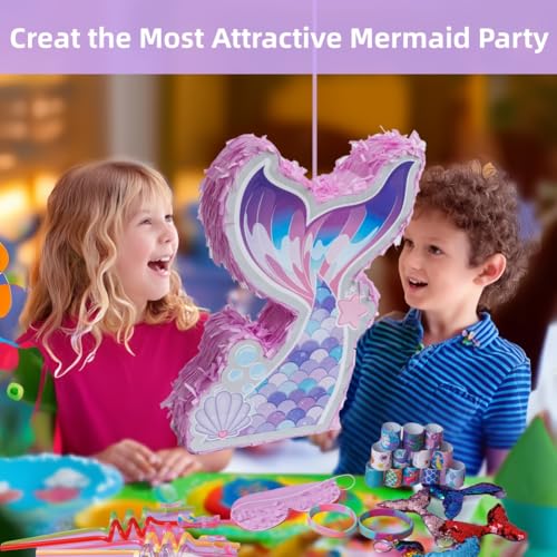 FIGEPO Mermaid Pinata Set Birthday Party Favors for Girl Kids Birthday Themed Party Supplies with Tail Pinata Stickers Slap Bracelet Keychain Silicone Bands and Straws 44 Pack - Image 5